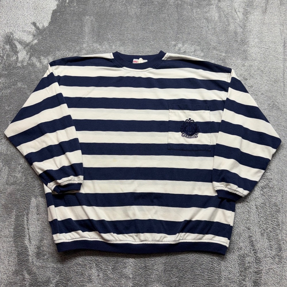 Energie Sweatshirt Mens L Navy Blue White Striped Good Vintage Crest Pocket 610